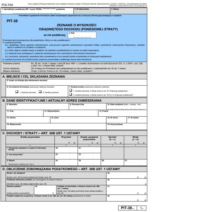 Niewypełniony formularz PIT-38