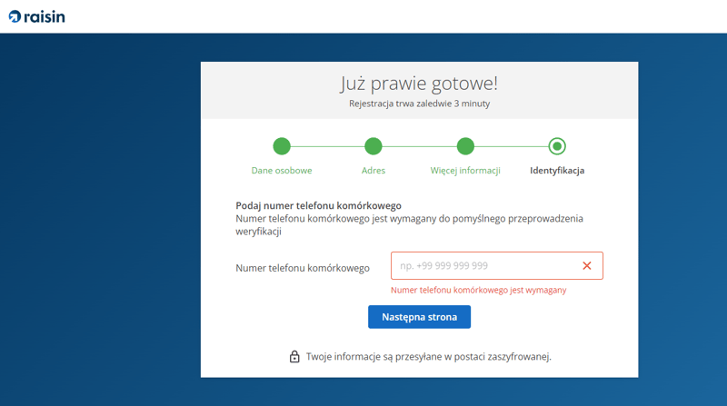 Zakładanie konta na platformie Raisin, krok 2