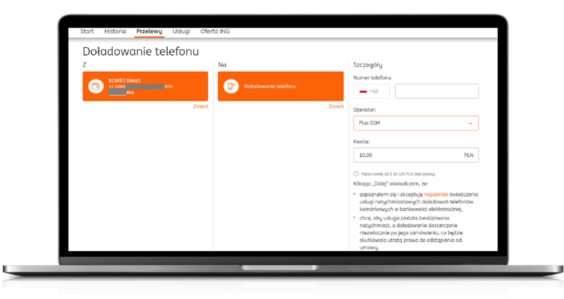 Formularz doładowania telefonu w ING Banku Śląskim