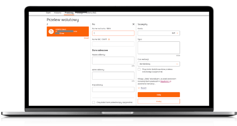 Formularz przelewu walutowego w ING Banku Śląskim