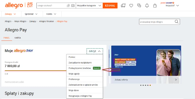 Wniosek o podwyższenie limitu Allegro Pay