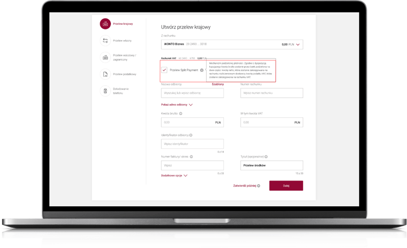 Bankowość elektroniczna Alior Bank - przelew split payment
