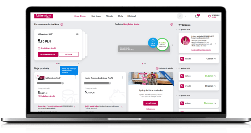 Wygląd bankowości internetowej Millenet Banku Millennium