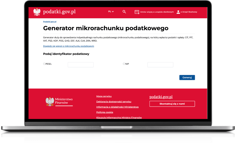 Wygląd strony Generatora mikrorachunku podatkowego Ministerstwa Finansów 