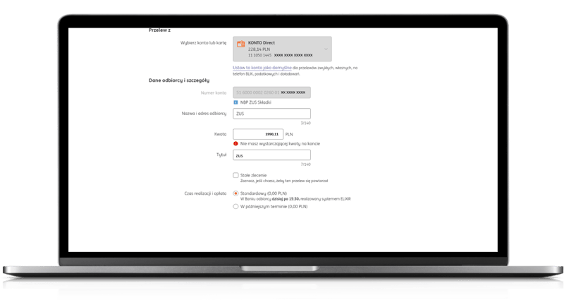 Formularz przelewu do ZUS w bankowości elektronicznej
