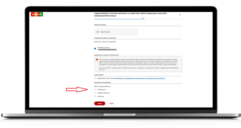 Określenie okresu wypowiedzenia w bankowości internetowej mBanku