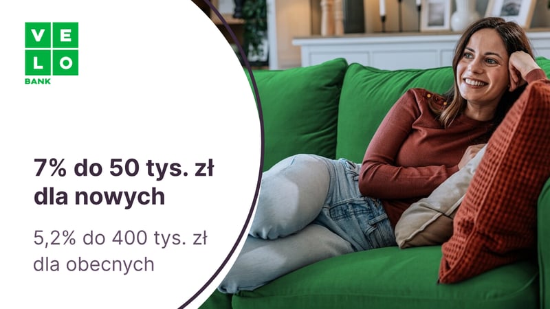 7% do 50 tys. zł dla nowych klientów i 5,2% dla nowych środków do 400 tys. zł na Elastycznym Koncie Oszczędnościowym w VeloBanku