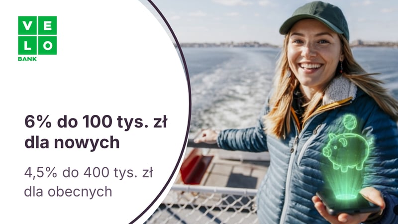 6% do 100 tys. zł dla nowych klientów i 4,5% dla nowych środków do 400 tys. zł na Elastycznym Koncie Oszczędnościowym w VeloBanku